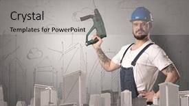  Presentation with cyber security tool description brief - Presentation design consisting of physical design - handyman with tool in his background and a  colored foreground