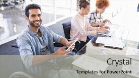  Presentation with using digital tablet - PPT layouts with physical design - high angle portrait of smiling background and a light gray colored foreground