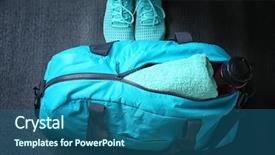  Presentation with physical fitness - Audience pleasing PPT theme consisting of physical design - woman standing next to bag backdrop and a ocean colored foreground