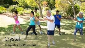  Presentation with elderly people and exercise - Beautiful slide set featuring physical environment - group of people exercising backdrop and a  colored foreground