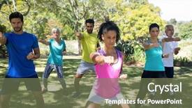  Presentation with elderly people and exercise - Presentation theme featuring physical environment - group of people exercising background and a tawny brown colored foreground