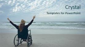  Presentation with wheelchair - Slide set with physical environment - rear view of young disabled background and a sky blue colored foreground