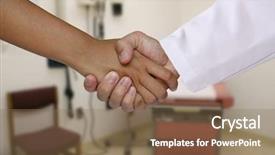  Presentation with shaking hands - Audience pleasing slides consisting of physical examination - doctor and patient shaking hands backdrop and a coral colored foreground