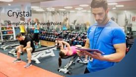  Presentation with physical fitness - Cool new slide deck with physical fitness - handsome trainer using tablet backdrop and a coral colored foreground