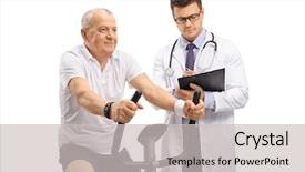  Presentation with exercise doctor - PPT layouts enhanced with physical fitness - mature man riding an exercise background and a light gray colored foreground