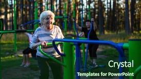  Presentation with woman sport - PPT theme with physical fitness old age - elderly woman is doing exercises background and a forest green colored foreground