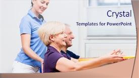  Presentation with exercise - Presentation enhanced with physical fitness old age - physio instructing senior man background and a sky blue colored foreground