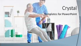  Presentation with physiotherapist - Cool new theme with physical medicine rehabilitation - physiotherapist working with senior patient backdrop and a sky blue colored foreground