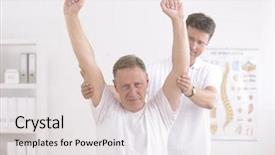  Presentation with physiotherapy - Colorful slide set enhanced with physical medicine rehabilitation - physiotherapy senior man and physiotherapist backdrop and a light gray colored foreground