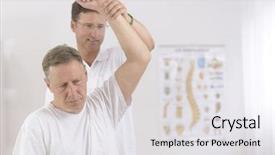 Presentation with physiotherapy - Audience pleasing slide set consisting of physical medicine rehabilitation - physiotherapy senior man and physiotherapist backdrop and a sky blue colored foreground
