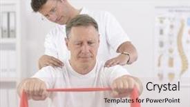  Presentation with supervision - Colorful presentation design enhanced with physical medicine rehabilitation - physiotherapy senior man doing exercise backdrop and a lemonade colored foreground
