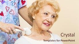  Presentation with physical therapy - Presentation enhanced with physical medicine rehabilitation - senior woman at chiropractors office background and a lemonade colored foreground