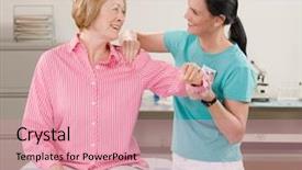  Presentation with physical examination - Theme with physical therapist checking senior woman background and a coral colored foreground