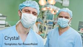  Presentation with heart surgery - Cool new slide set with physical therapy ampulation - happy surgeons in uniform perform backdrop and a light blue colored foreground