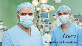  Presentation with heart surgery - Presentation theme consisting of physical therapy ampulation - happy surgeons in uniform perform background and a light blue colored foreground