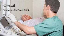  Presentation with ultrasound machine - Slide set having physical therapy devices - young male technician showing ultrasound background and a light gray colored foreground