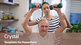  Presentation with female hospital patient - Slide set consisting of physical therapy free - female doctor looking at male background and a coral colored foreground