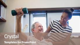  Presentation with female hospital patient - Audience pleasing slide deck consisting of physical therapy free - smiling senior male patient lifting backdrop and a coral colored foreground