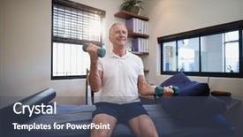  Presentation with physical therapy - Beautiful slide deck featuring physical therapy free - smiling senior male patient lifting backdrop and a ocean colored foreground