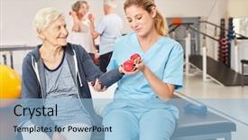  Presentation with health and weight loss - Amazing slide deck having physical therapy function - physiotherapist looks after senior woman backdrop and a light blue colored foreground