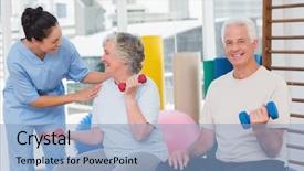  Presentation with training - PPT layouts featuring physical training - happy trainer communicating with senior background and a light blue colored foreground