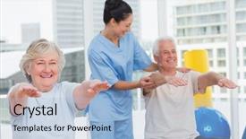  Presentation with young happy couple - Beautiful PPT theme featuring physical training - happy young trainer assisting senior backdrop and a light blue colored foreground
