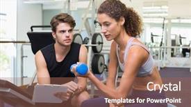  Presentation with exercise trainer - Slide set with physical training - trainer watching client lift dumbbells background and a  colored foreground