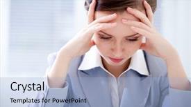  Presentation with office - Colorful slide deck enhanced with physical work stress - portrait of exhausted businesswoman backdrop and a light blue colored foreground