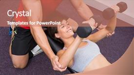  Presentation with lift - Audience pleasing slides consisting of physical working condition - personal trainer helping client lift backdrop and a coral colored foreground