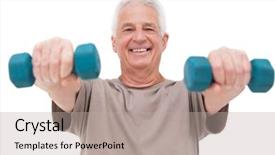  Presentation with lifting weights - Slides featuring physical working condition - senior man lifting hand weights background and a light gray colored foreground
