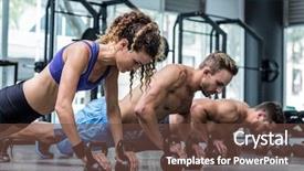  Presentation with athletes - Colorful presentation theme enhanced with physical working condition - three muscular athletes backdrop and a tawny brown colored foreground