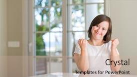  Presentation with home - Beautiful PPT theme featuring physically disable - down syndrome woman at home backdrop and a soft green colored foreground