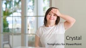  Presentation with dental down syndrome - Colorful PPT theme enhanced with physically disable - down syndrome woman at home backdrop and a light gray colored foreground