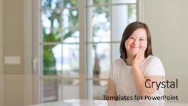  Presentation with dental down syndrome - Presentation design featuring physically disable - down syndrome woman at home background and a coral colored foreground