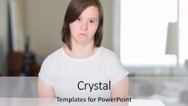 Presentation with down syndrome - Slides enhanced with physically disable - down syndrome woman at home background and a light gray colored foreground