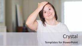  Presentation with down syndrom - PPT theme with physically disable - down syndrome woman at home background and a  colored foreground