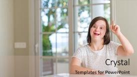  Presentation with down syndrome children disability school - Colorful presentation design enhanced with physically disable - down syndrome woman at home backdrop and a soft green colored foreground