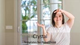  Presentation with down syndrome children disability school - Beautiful PPT theme featuring physically disable - down syndrome woman at home backdrop and a  colored foreground