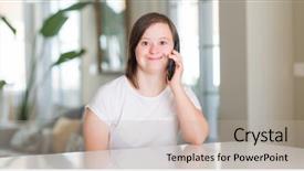  Presentation with down syndrom - Audience pleasing slide set consisting of physically disable - down syndrome woman at home backdrop and a light gray colored foreground