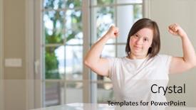  Presentation with down syndrome children disability school - Slide deck consisting of physically disable - down syndrome woman at home background and a light gray colored foreground