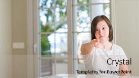  Presentation with down syndrome - Slide set consisting of physically disable - down syndrome woman at home background and a  colored foreground