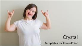  Presentation with rock wall - Slide set featuring physically disable - down syndrome woman standing background and a light gray colored foreground