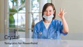 Presentation with down syndrome children disability school - PPT theme enhanced with physically disable - down syndrome woman wearing nurse background and a light blue colored foreground