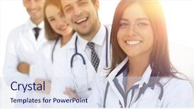  Presentation with successful group of surgeons - Slide set consisting of physician - female doctor with group background and a sky blue colored foreground