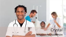  Presentation with doctor african - Colorful PPT layouts enhanced with physician assistant - african doctor smiling backdrop and a  colored foreground