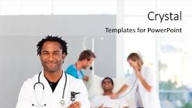  Presentation with physician - Presentation design enhanced with physician assistant - african doctor with folded arms background and a  colored foreground