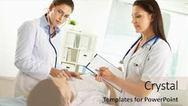  Presentation with complaints - Slide set featuring physician assistant - female doctors examining the patient background and a coral colored foreground