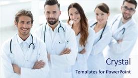  Presentation with red cross medical - Beautiful PPT theme featuring physician assistant - medical team standing with arms backdrop and a sky blue colored foreground