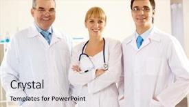  Presentation with physician - Slide deck enhanced with physician assistant - portrait of friendly therapists standing background and a light gray colored foreground