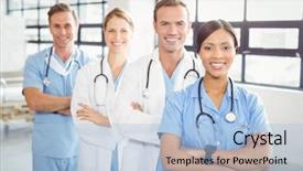  Presentation with labor and delivery medical team - Theme enhanced with physician assistant - portrait of happy medical team background and a light blue colored foreground